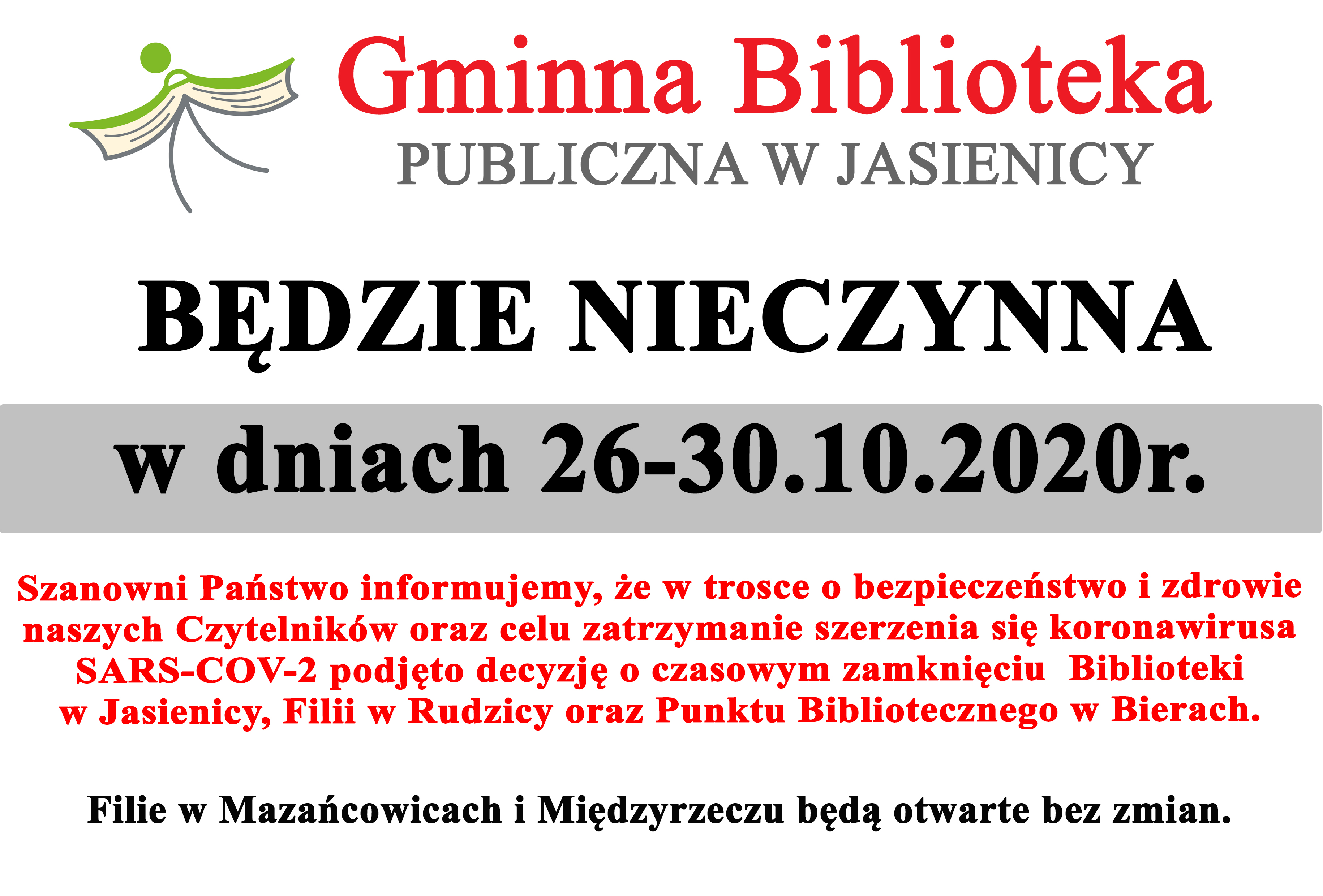 Plakat informujący o zamknięciu biblioteki